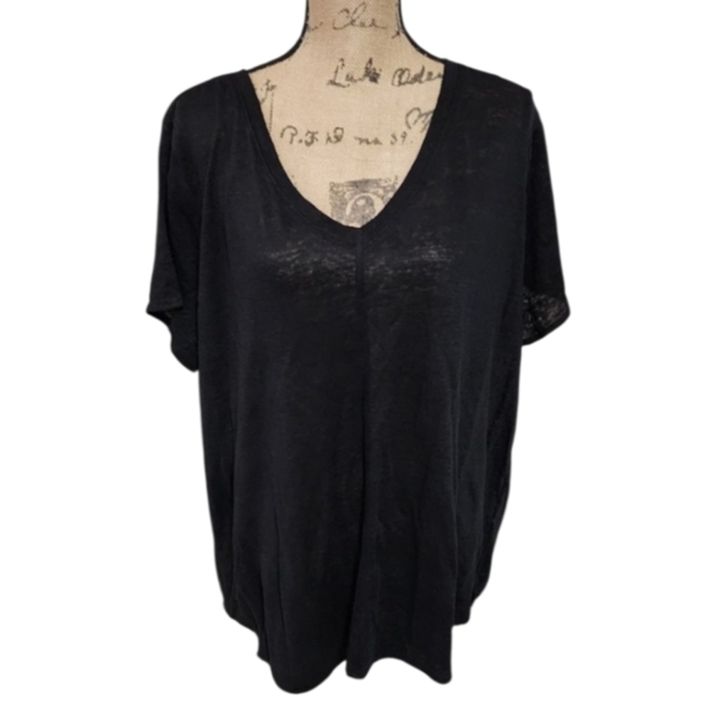 Tahari Womens 2X Black 100% Linen V-Neck Short Sleeve Relaxed T-Shirt NWT
